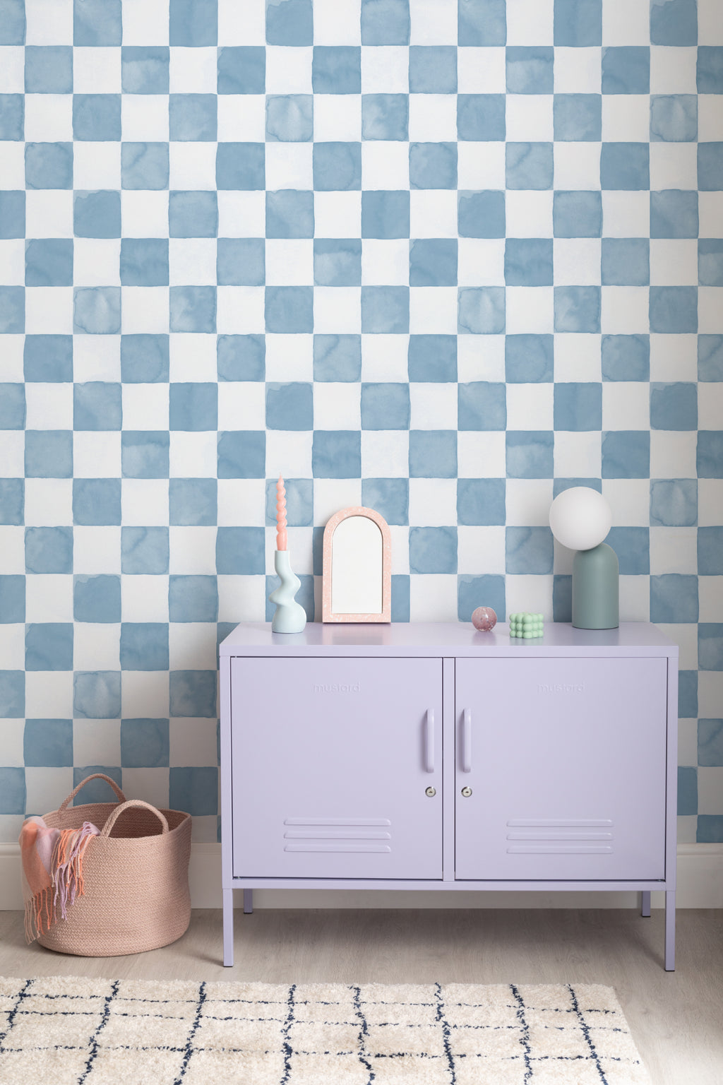 The Poolside Check mural in pool blue in a child's bedroom