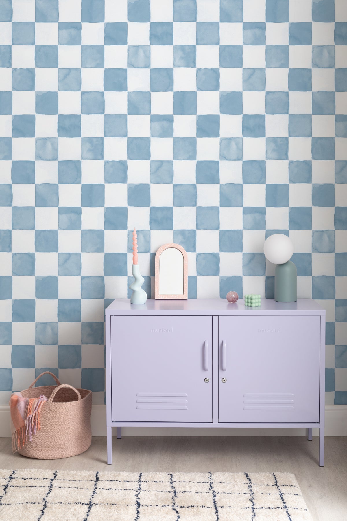 The Poolside Check mural in pool blue in a child's bedroom
