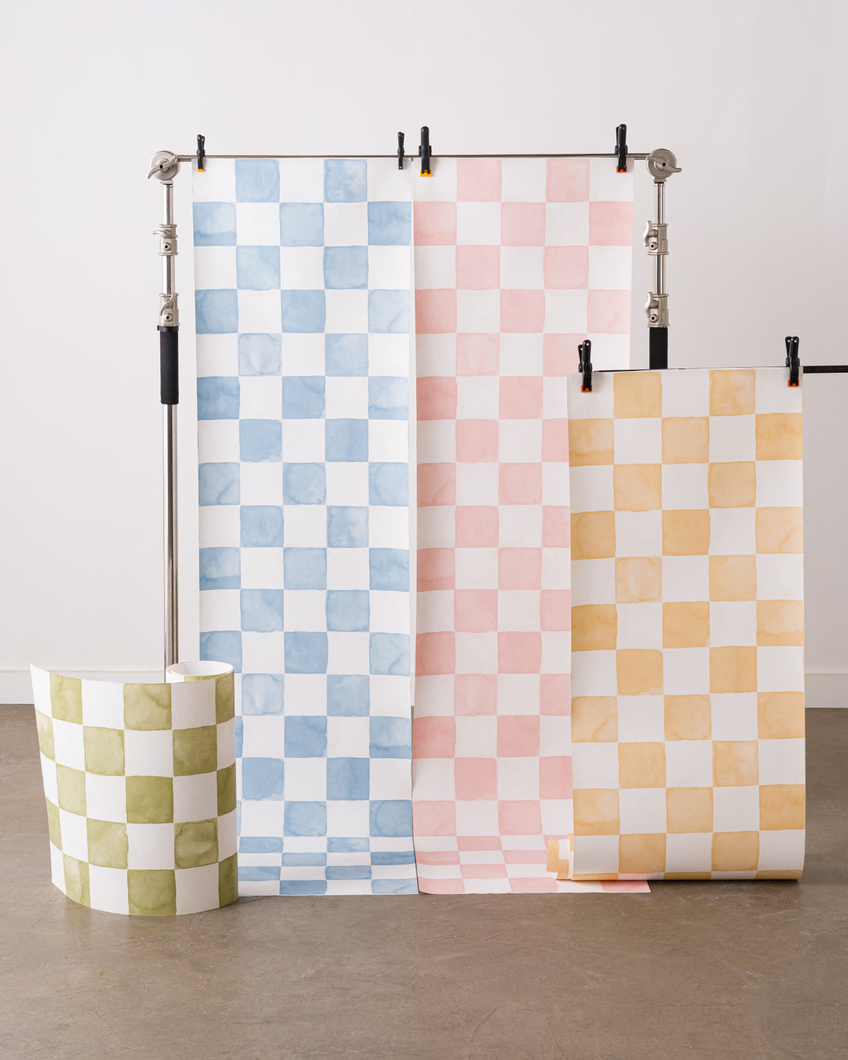 The Poolside Check mural in pool blue shown in a close, angled view