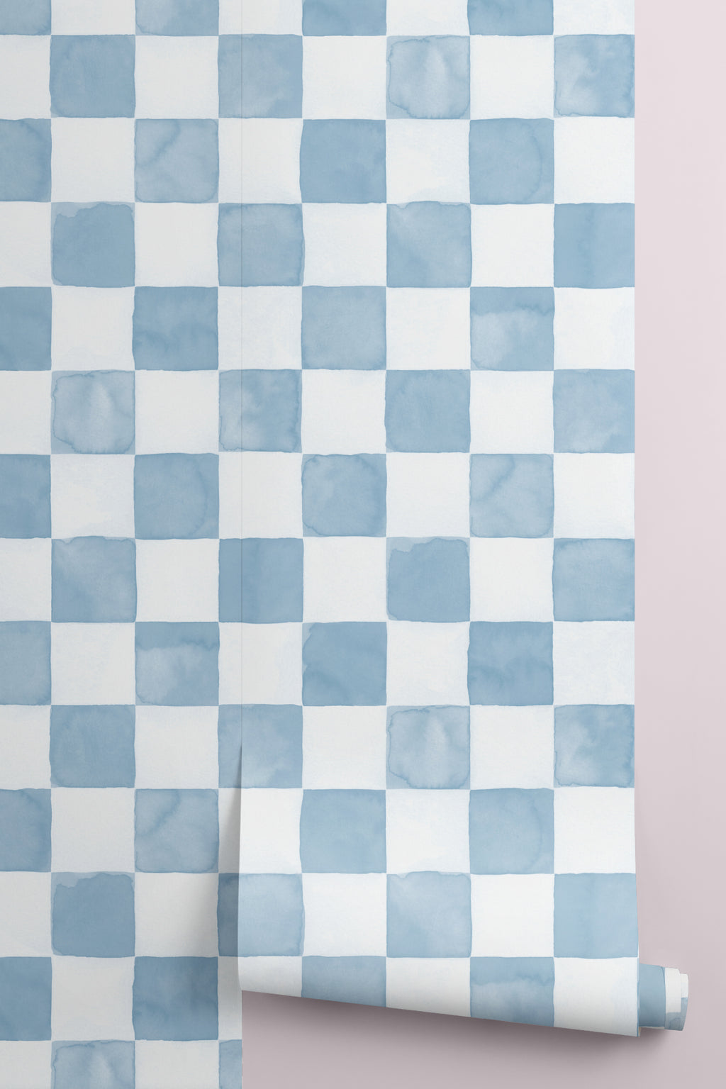 Rolled panel of The Poolside Check mural in pool blue