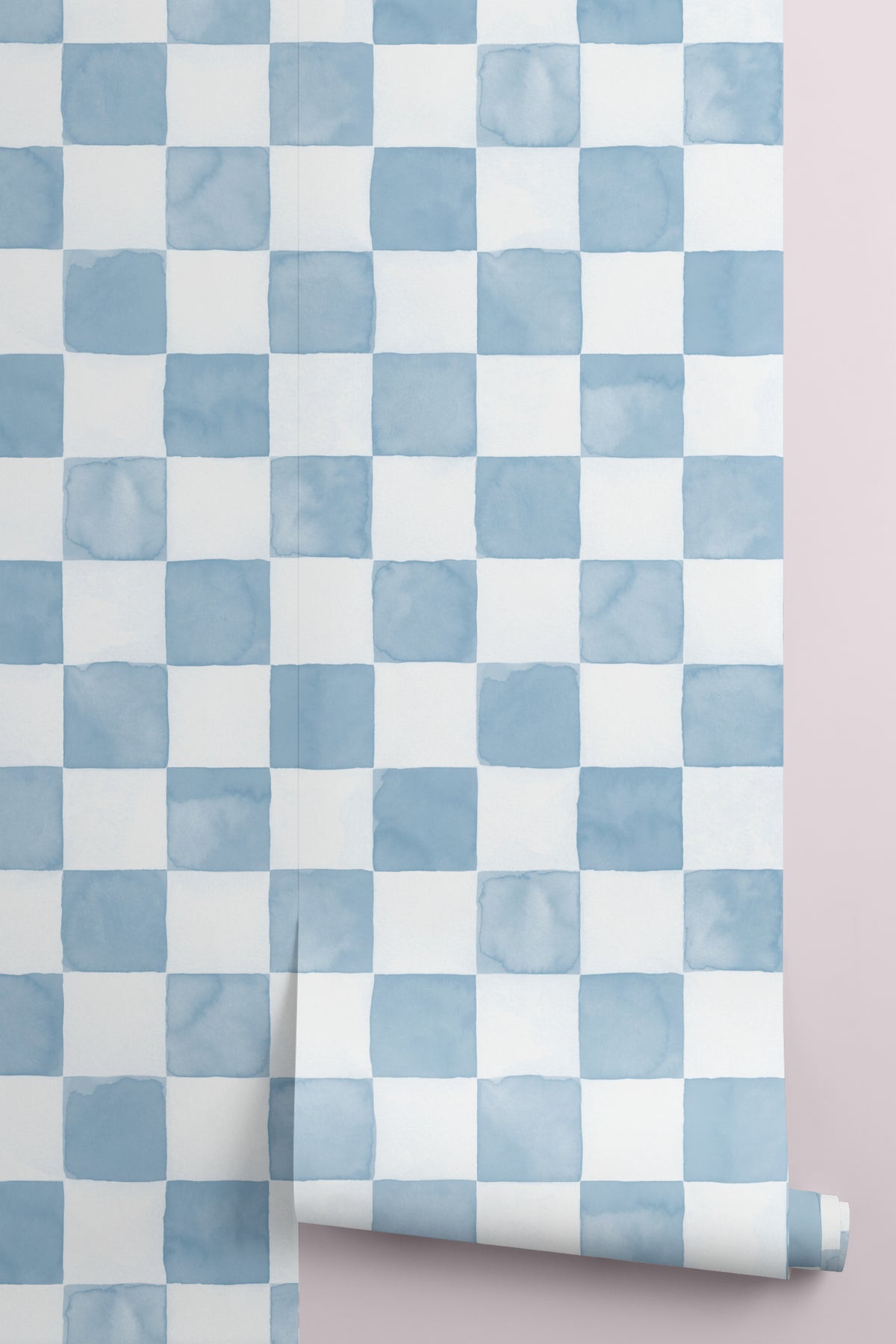 Rolled panel of The Poolside Check mural in pool blue