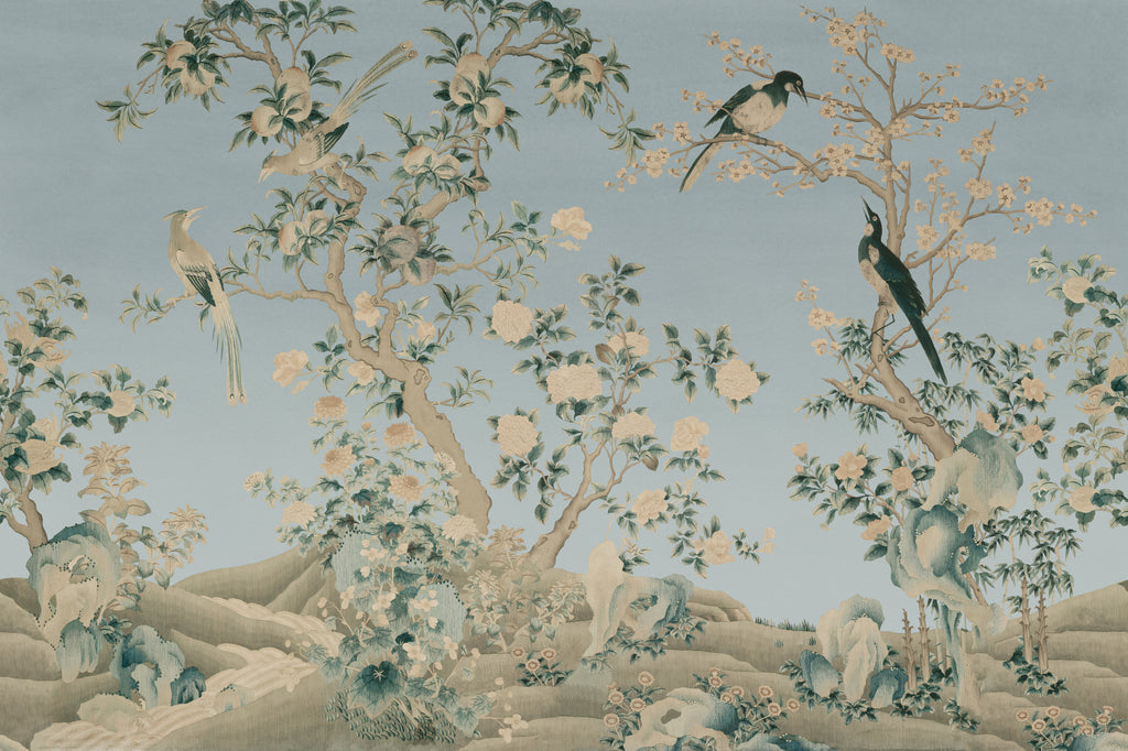 Full artwork view of The Porcelain Screen mural in duck egg and stone, showing flowering trees and birds