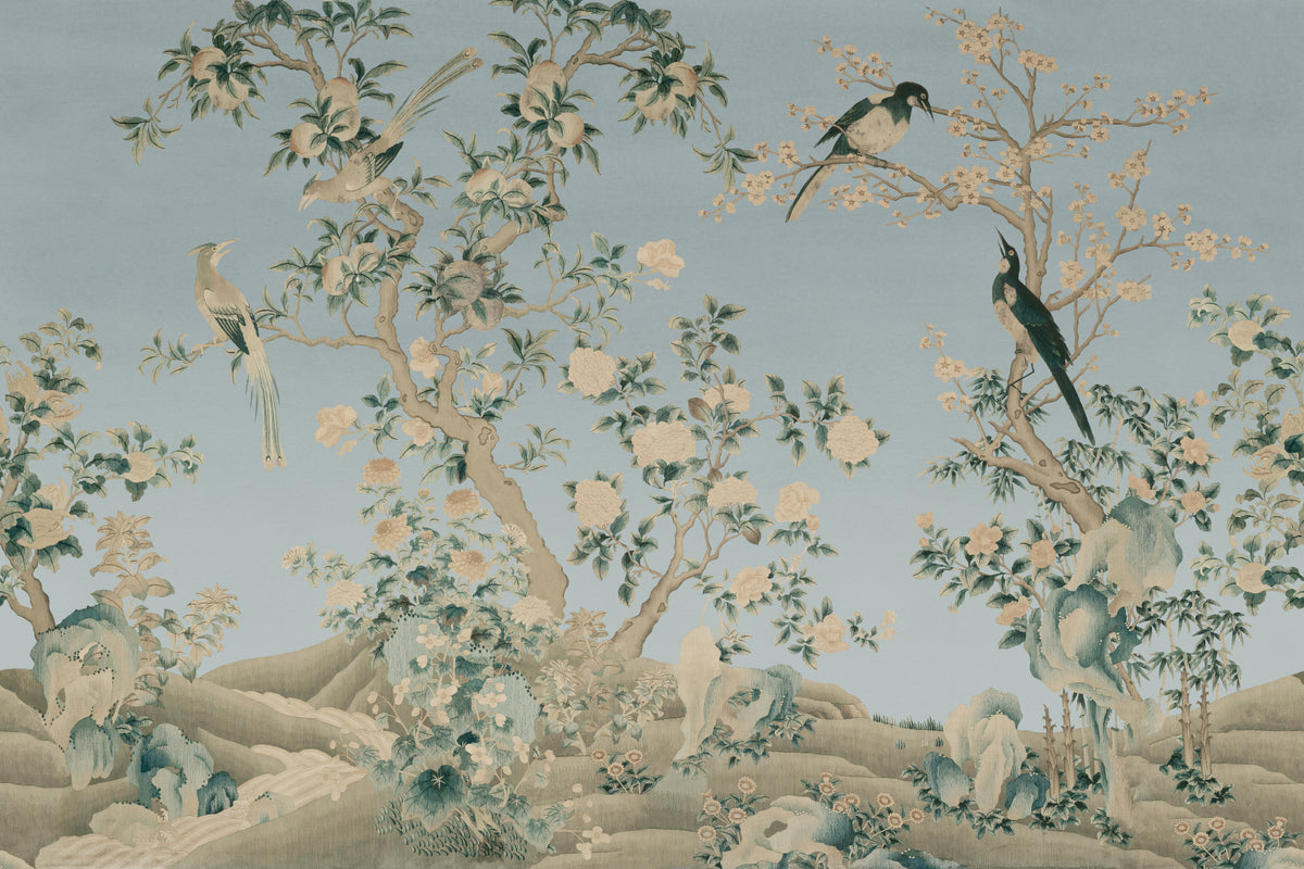 Full artwork view of The Porcelain Screen mural in duck egg and stone, showing flowering trees and birds