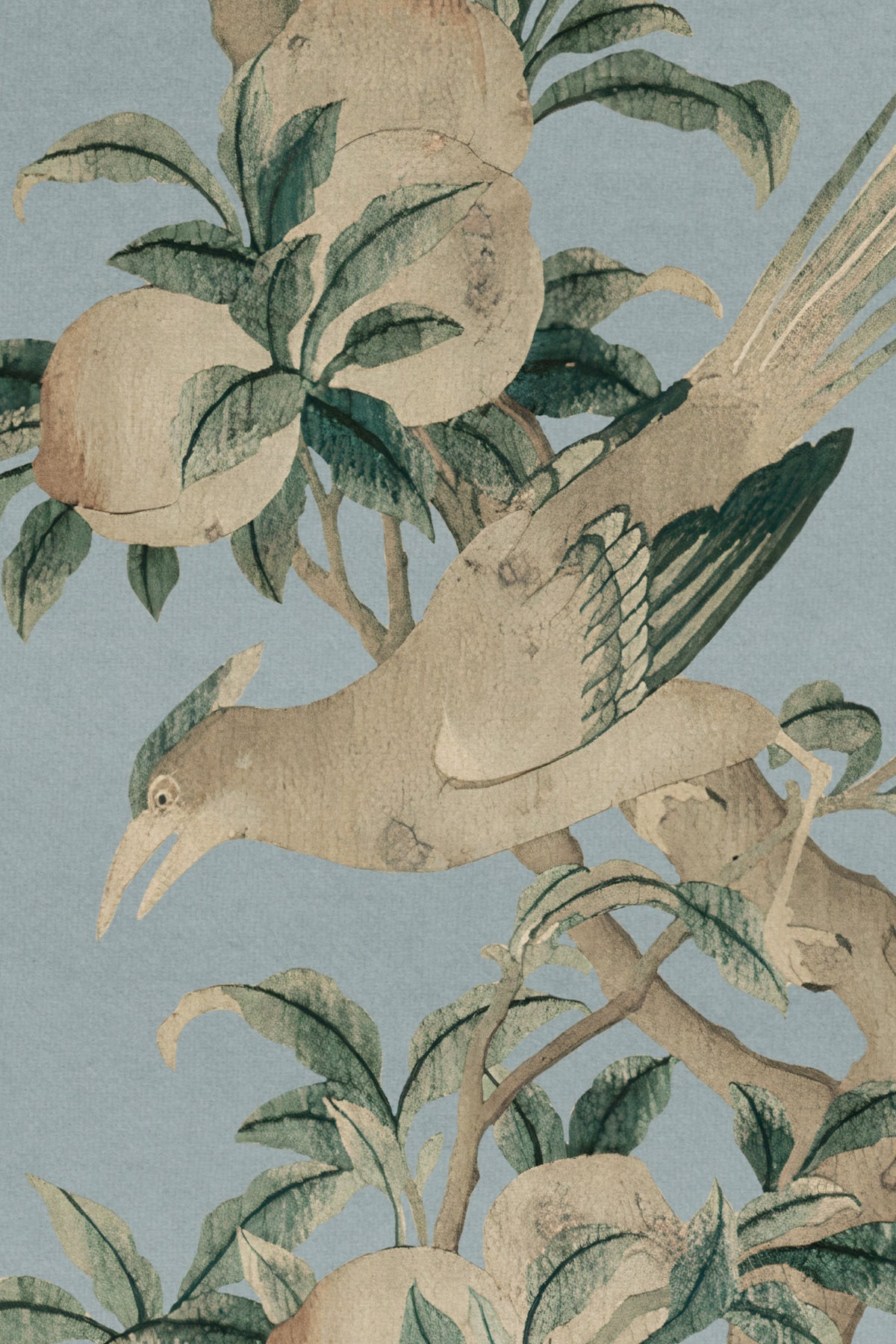 Close-up of The Porcelain Screen mural in duck egg and stone showing the flowering trees and birds in detail