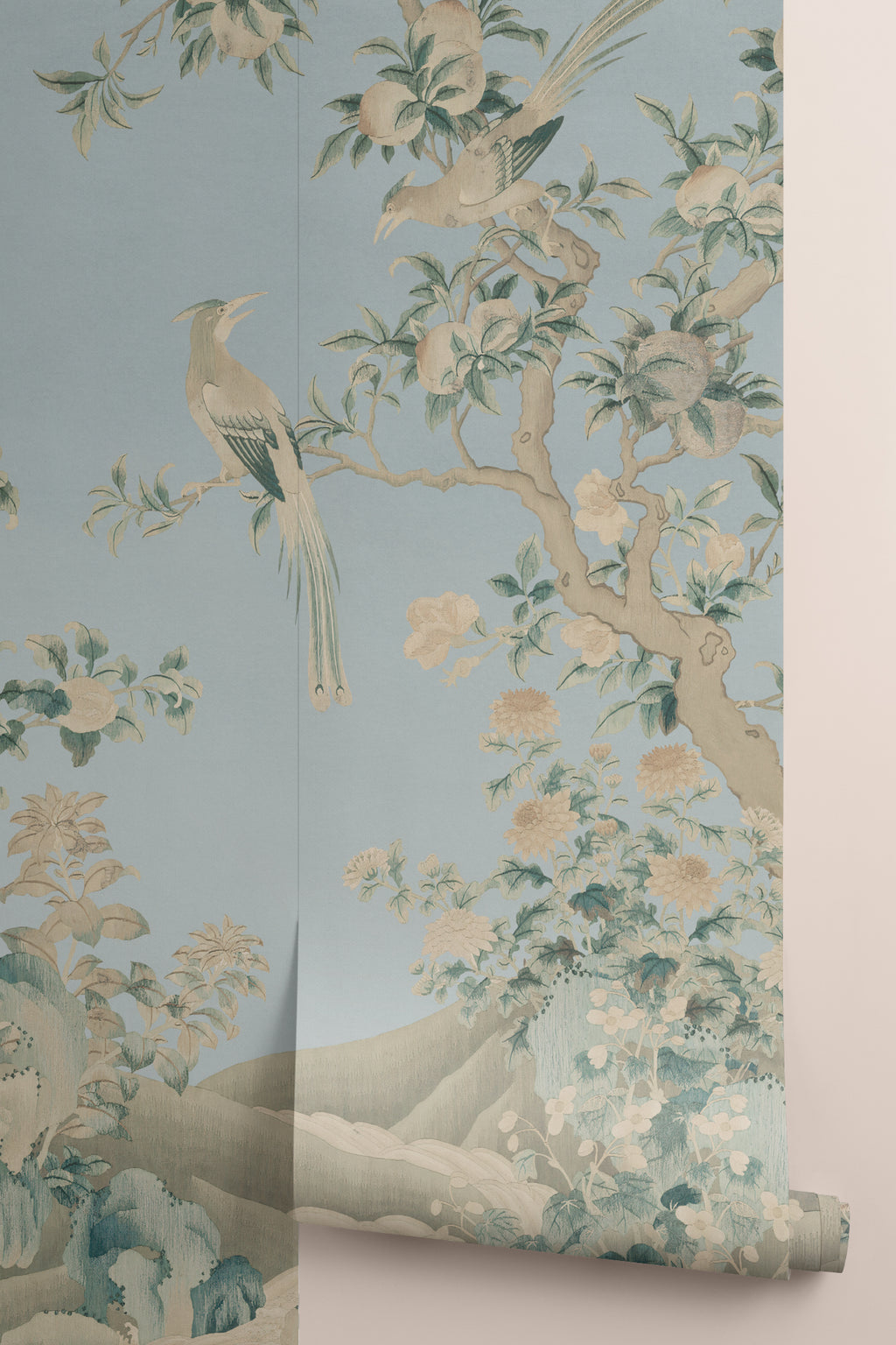 Rolled panel of The Porcelain Screen mural in duck egg and stone