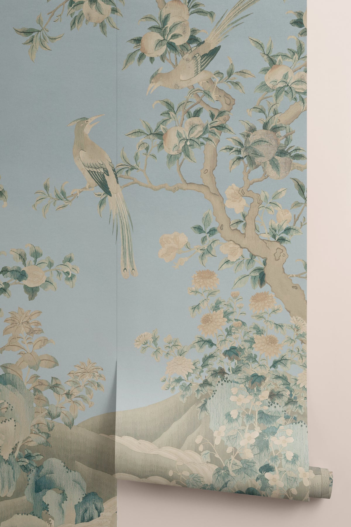 Rolled panel of The Porcelain Screen mural in duck egg and stone