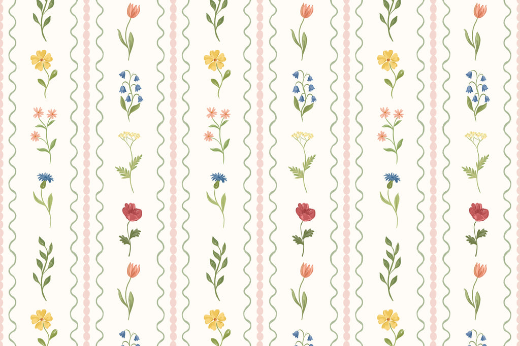 Full artwork view of The Posy Braid mural in blush pink, showing wildflower stems between scalloped stripes