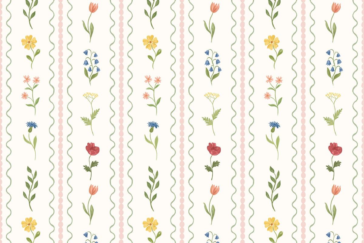 Full artwork view of The Posy Braid mural in blush pink, showing wildflower stems between scalloped stripes