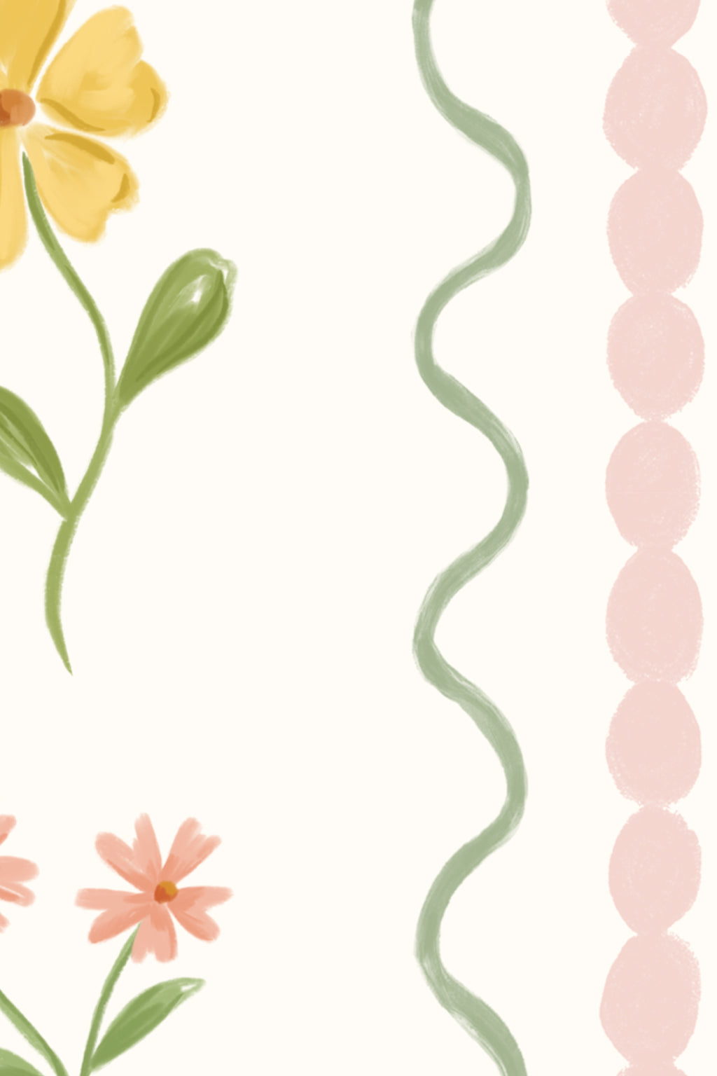 Close-up of The Posy Braid mural in blush pink showing the wildflower stems between scalloped stripes in detail
