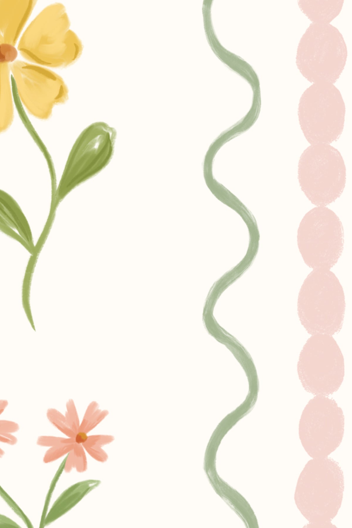Close-up of The Posy Braid mural in blush pink showing the wildflower stems between scalloped stripes in detail