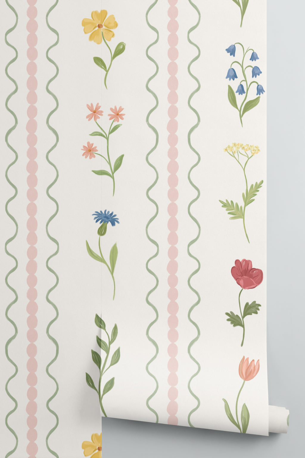 Rolled panel of The Posy Braid mural in blush pink