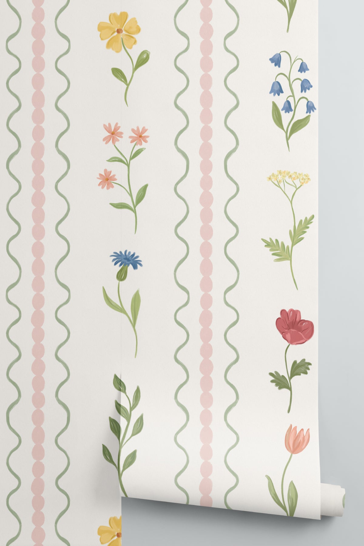 Rolled panel of The Posy Braid mural in blush pink