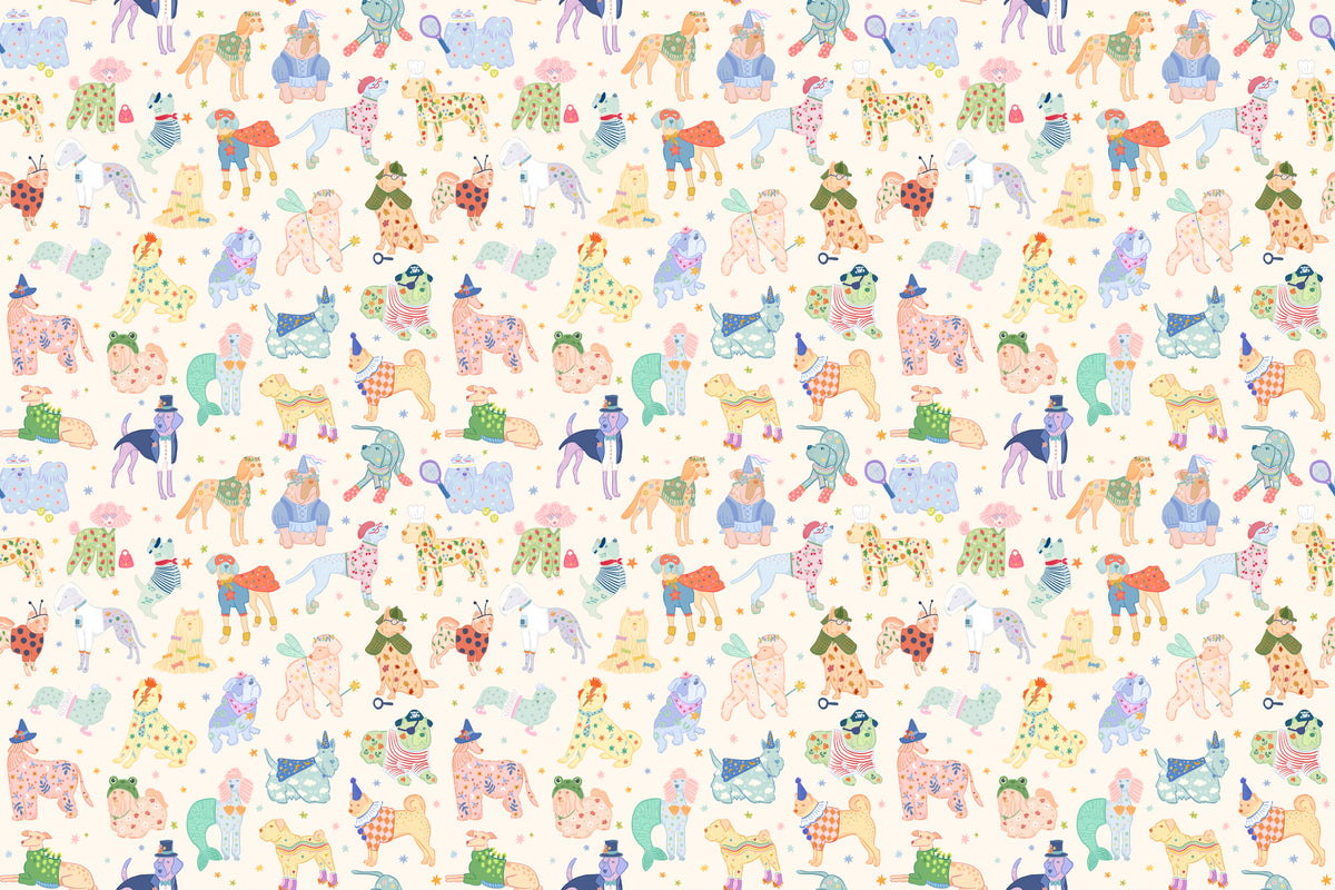 Full artwork view of The Pup Carnival mural in sunny blue and yellow, showing dogs in costumes