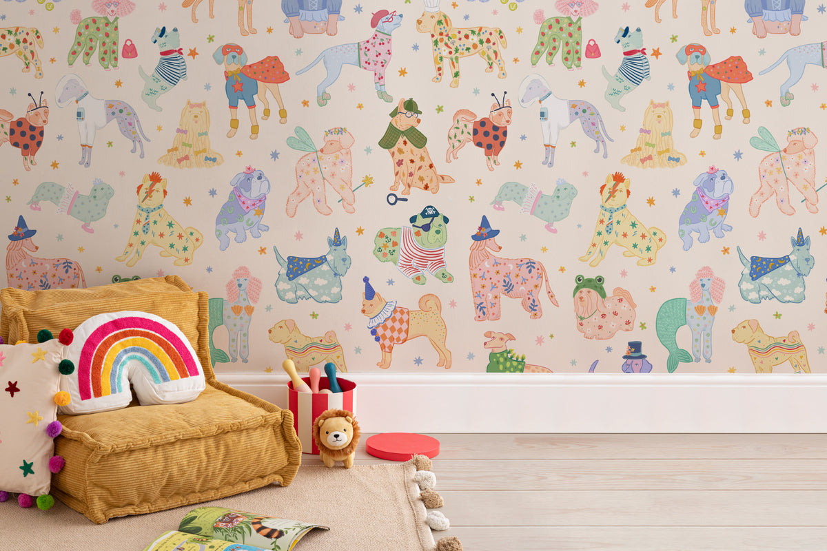 The Pup Carnival mural in sunny blue and yellow behind the bed in a bedroom