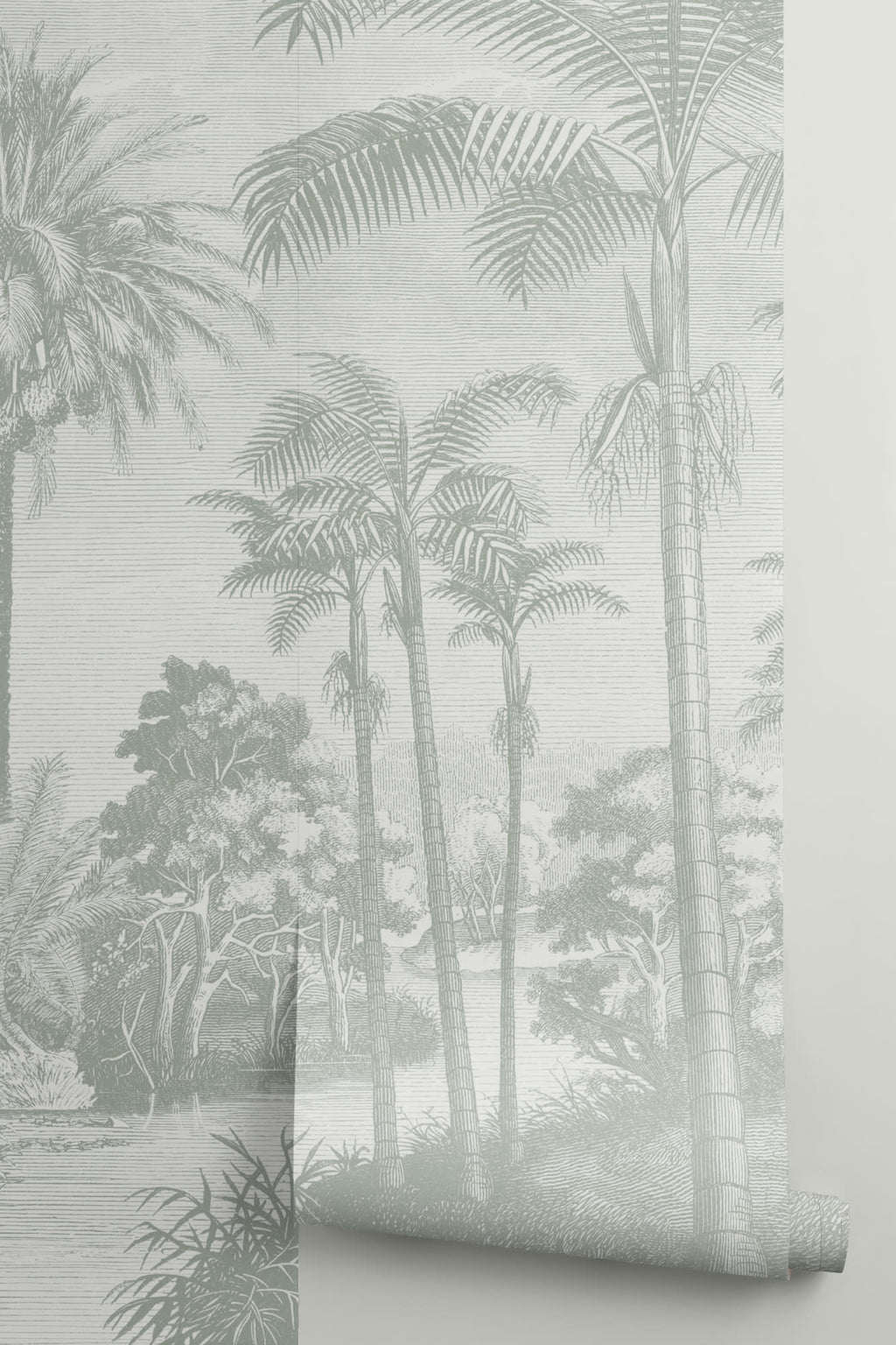 Rolled panel of The Rainforest Etching mural in sage and stone