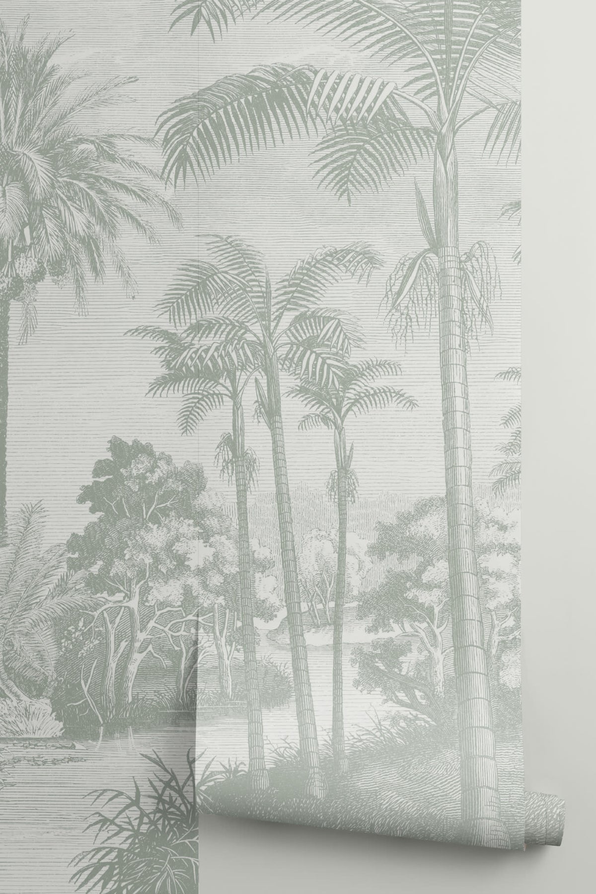 Rolled panel of The Rainforest Etching mural in sage and stone