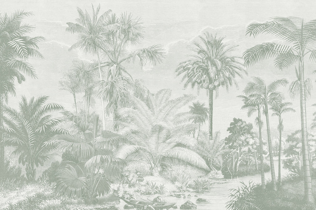 Full artwork view of The Rainforest Etching mural in sage and stone, showing etched jungle palms and ferns