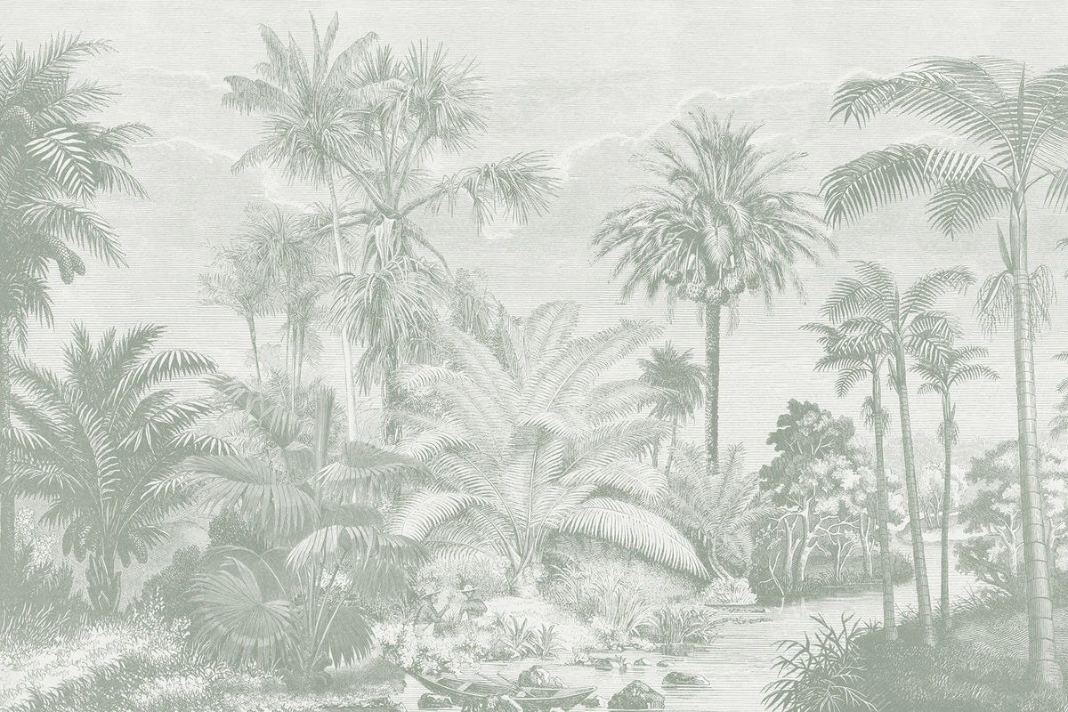 Full artwork view of The Rainforest Etching mural in sage and stone, showing etched jungle palms and ferns