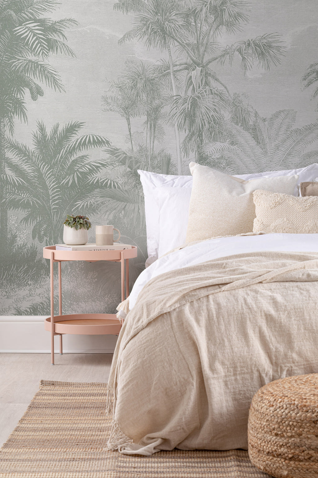 The Rainforest Etching mural in sage and stone behind the bed in a bedroom