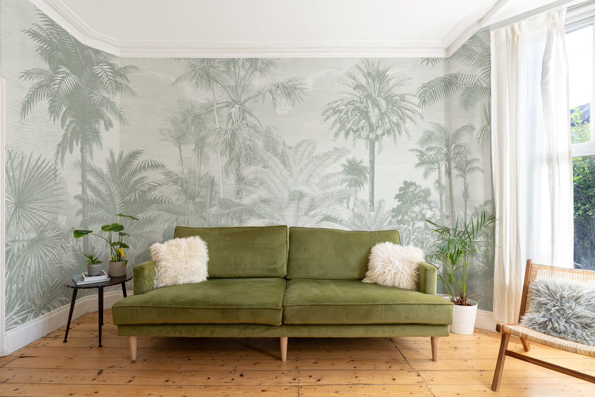 The Rainforest Etching mural in sage and stone in a living room