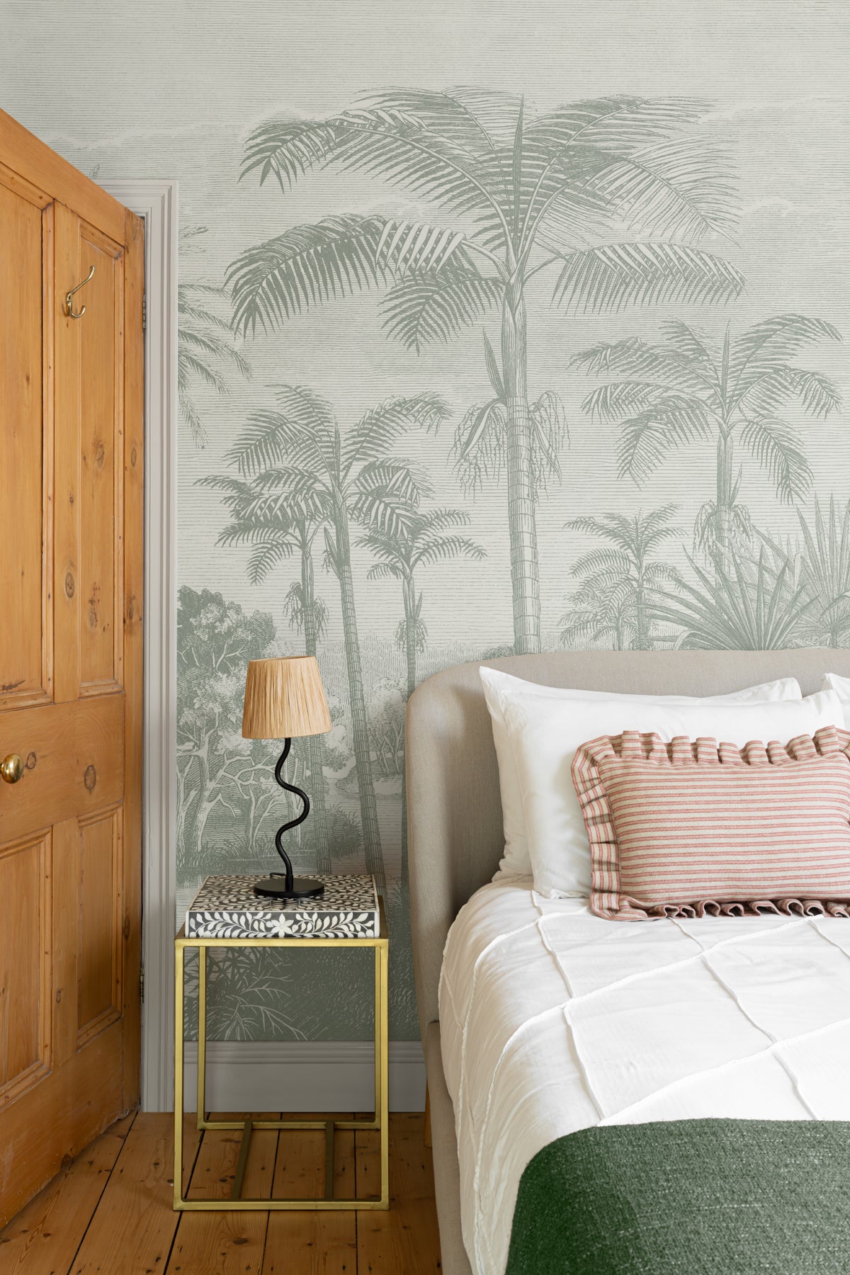 The Rainforest Etching mural in sage and stone in a child's bedroom