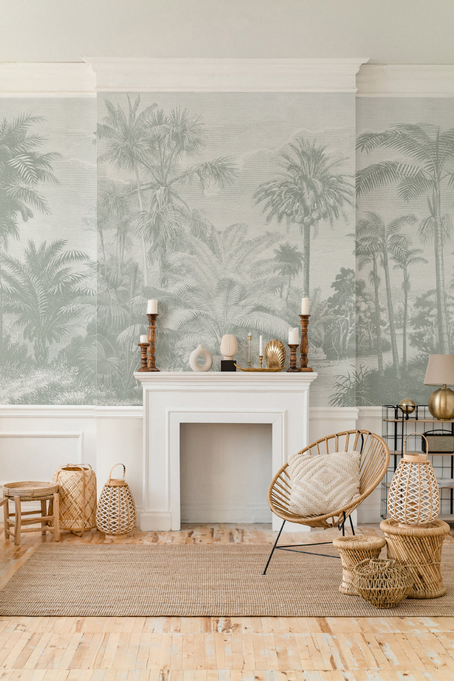 The Rainforest Etching mural in sage and stone as a backdrop to styled furniture