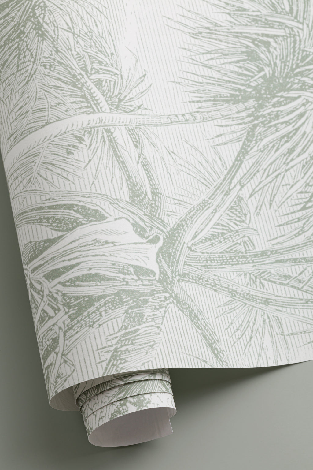 Angled detail of The Rainforest Etching mural in sage and stone