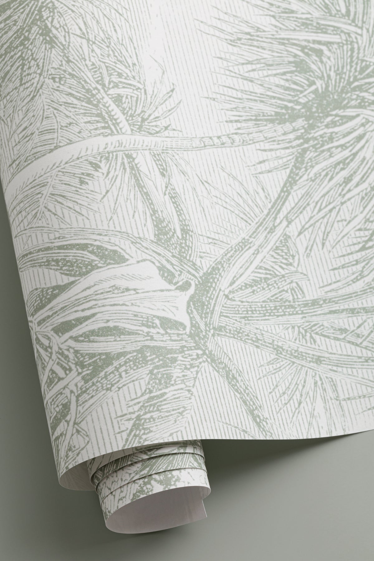 Angled detail of The Rainforest Etching mural in sage and stone