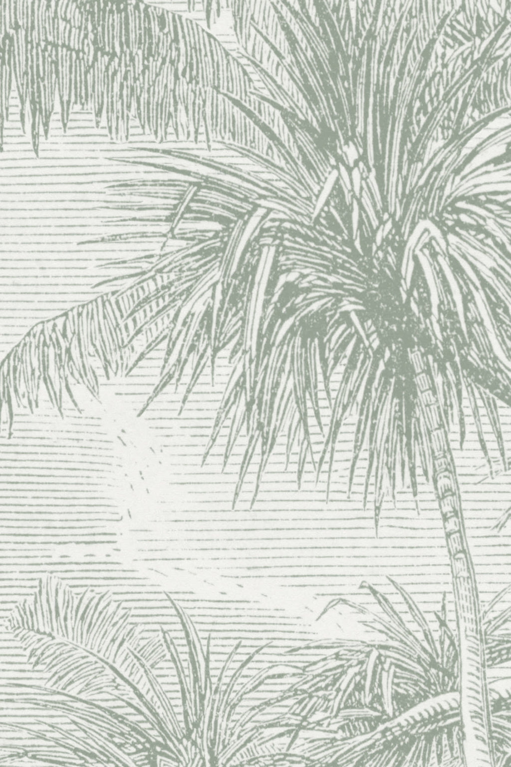 Close-up of The Rainforest Etching mural in sage and stone showing the etched jungle palms and ferns in detail