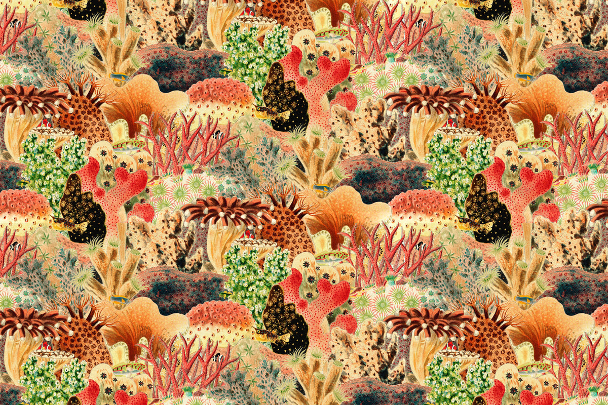 Full artwork view of The Reef Cabinet mural in coral red and jade, showing vintage sea plants and fish