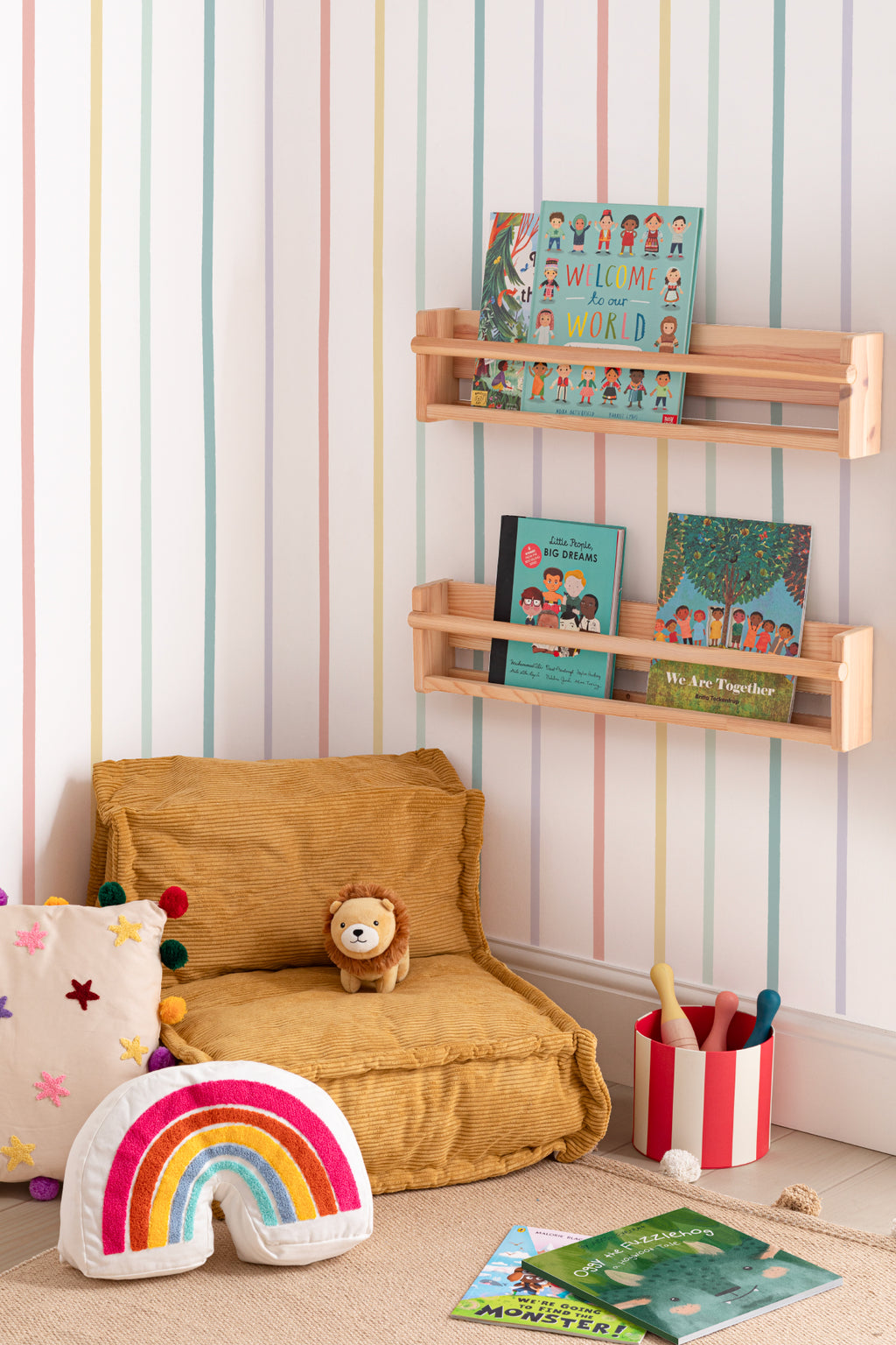 The Ribbon Lane wallpaper in sorbet pastel in a child's bedroom
