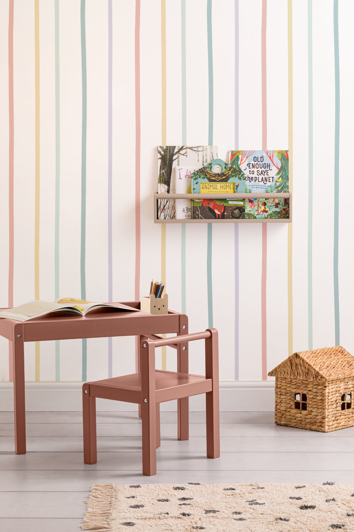 The Ribbon Lane wallpaper in sorbet pastel in a children's room setting