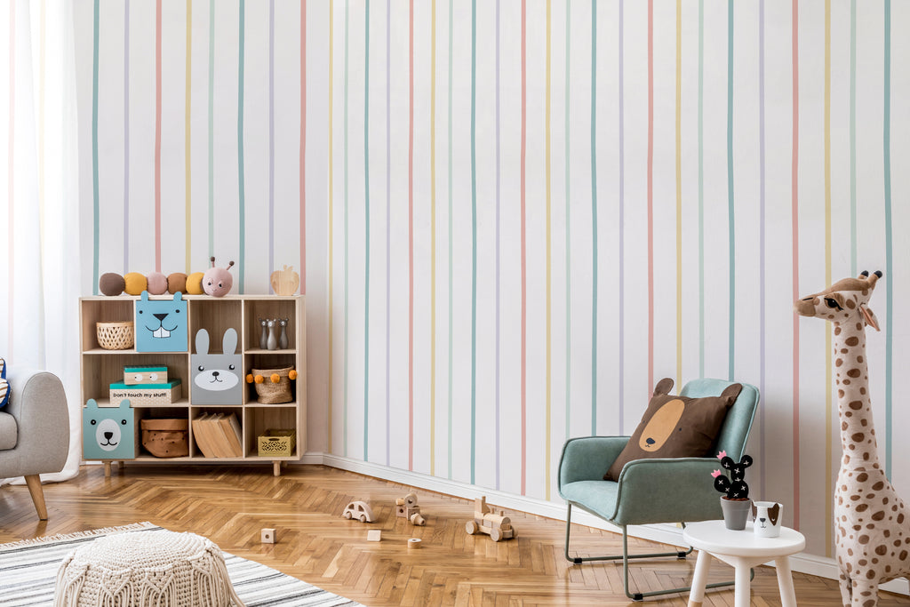 The Ribbon Lane wallpaper in sorbet pastel in a children's room setting, view 3