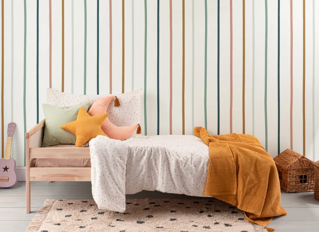 The Ribbon Lane wallpaper in spice and teal in a child's bedroom