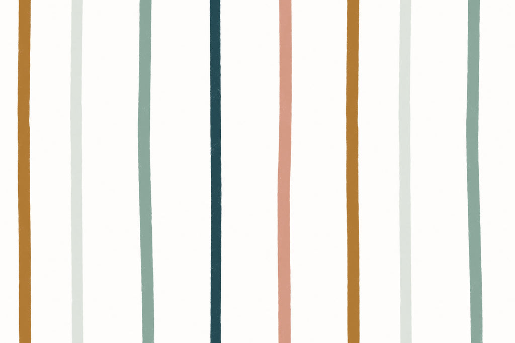 Flat pattern view of The Ribbon Lane wallpaper in spice and teal, showing the vertical multi-colour stripes