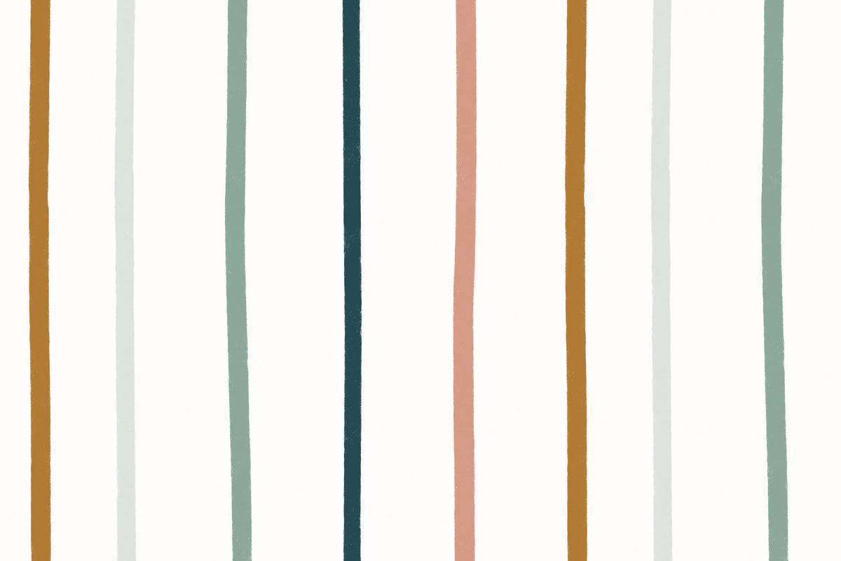 Flat pattern view of The Ribbon Lane wallpaper in spice and teal, showing the vertical multi-colour stripes