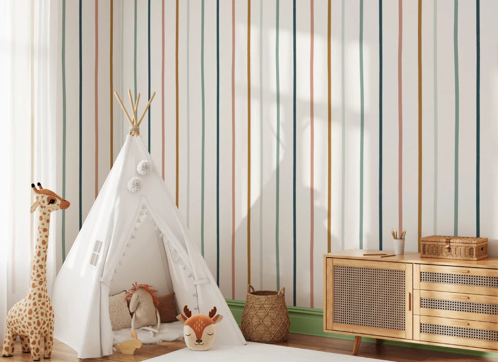 The Ribbon Lane wallpaper in spice and teal in a children's room setting