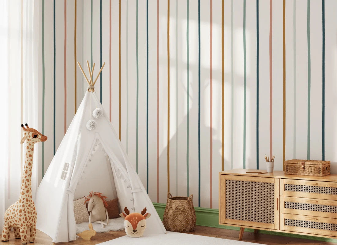 The Ribbon Lane wallpaper in spice and teal in a children's room setting