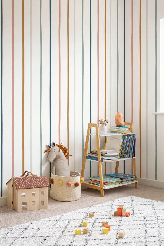 The Ribbon Lane wallpaper in spice and teal in a children's room setting, view 3