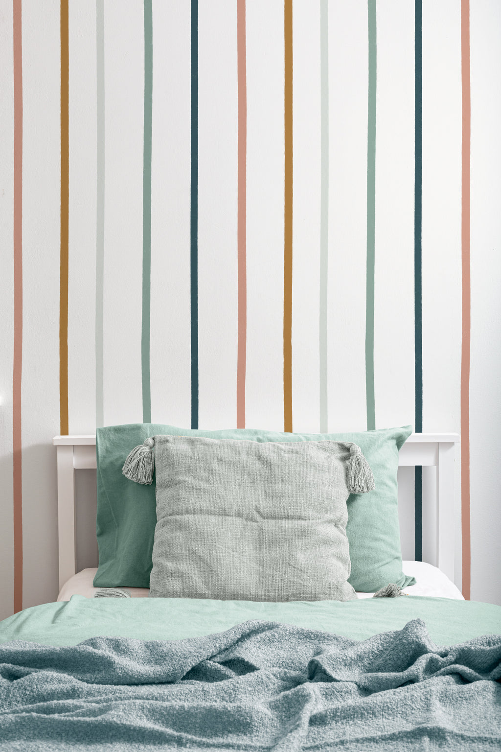 The Ribbon Lane wallpaper in spice and teal in a children's room setting, view 4