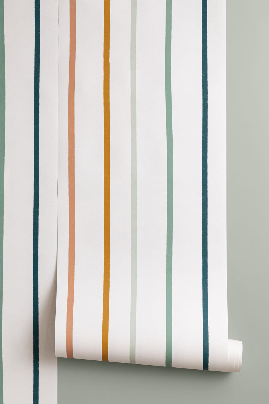 Roll of The Ribbon Lane wallpaper in spice and teal, another angle