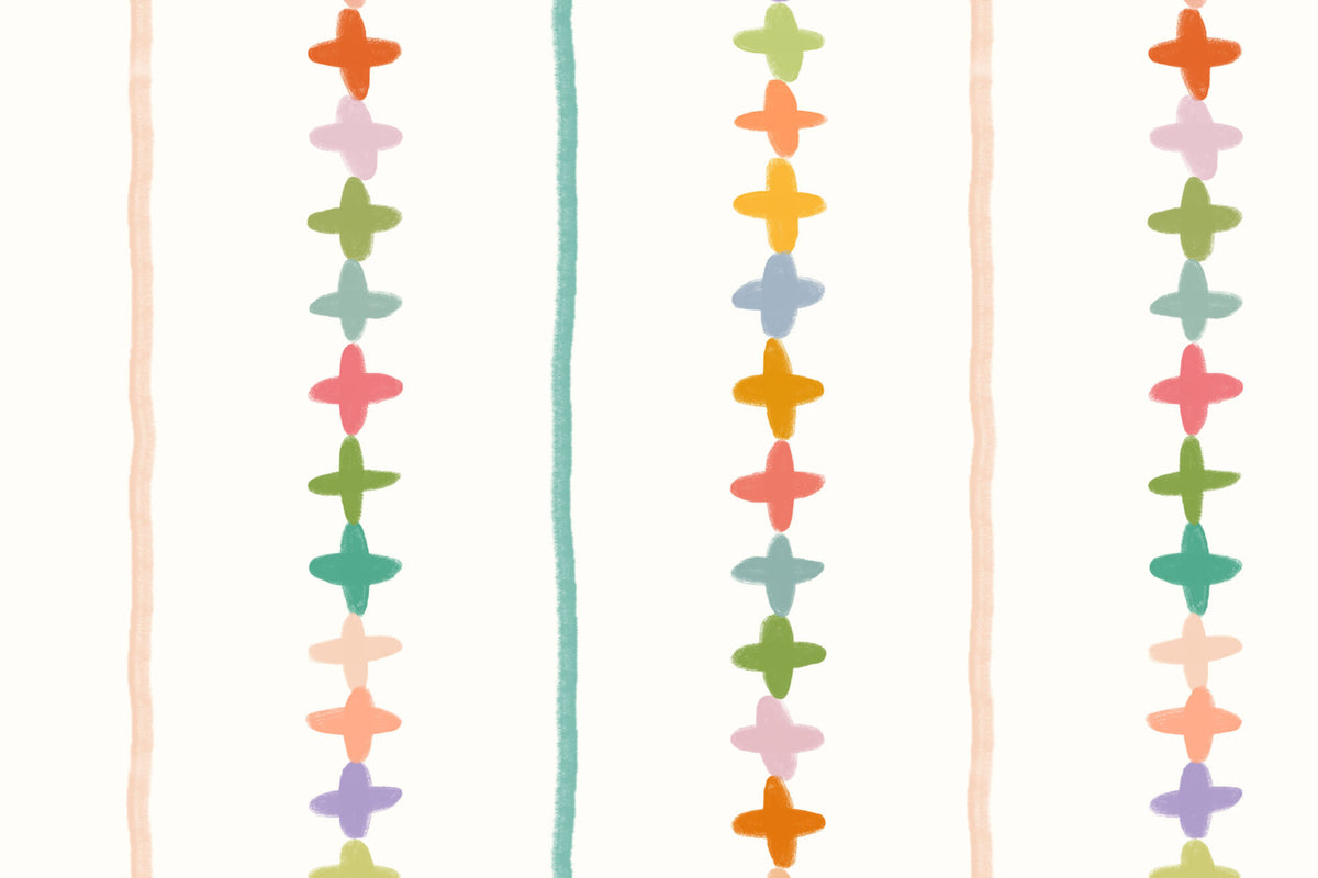 Flat pattern view of The Ribbon Maypole wallpaper in sage and sherbet, showing the hand-drawn stitched stripes
