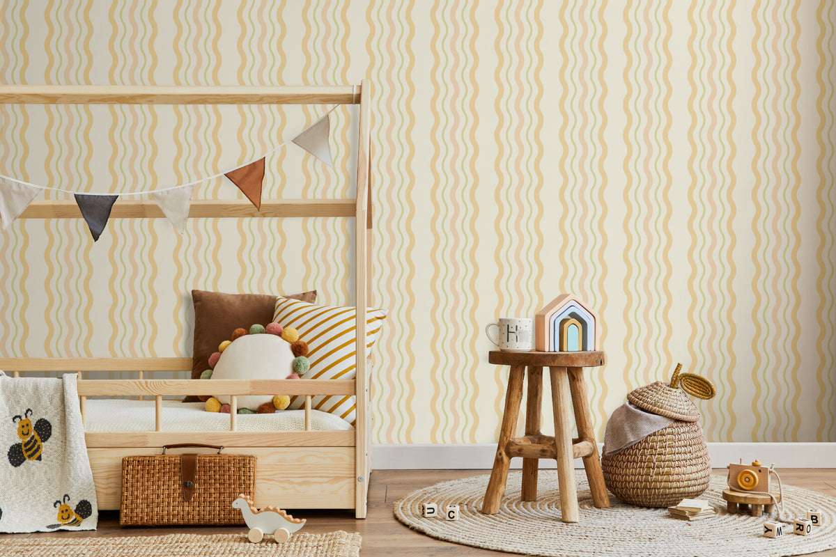The Ripple Trim wallpaper in buttercup yellow in a child's bedroom