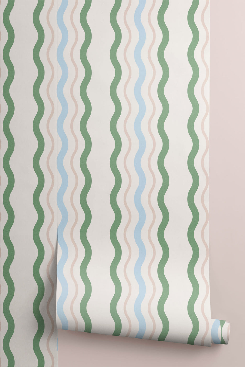 Roll of The Ripple Trim wallpaper in sage and sky, another angle