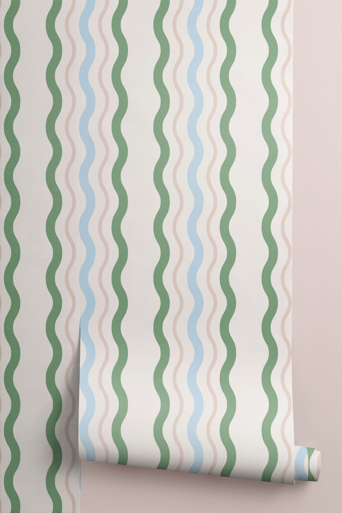Roll of The Ripple Trim wallpaper in sage and sky, another angle