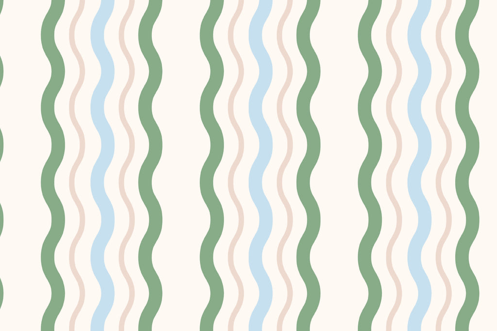 Flat pattern view of The Ripple Trim wallpaper in sage and sky, showing the rippling stripes
