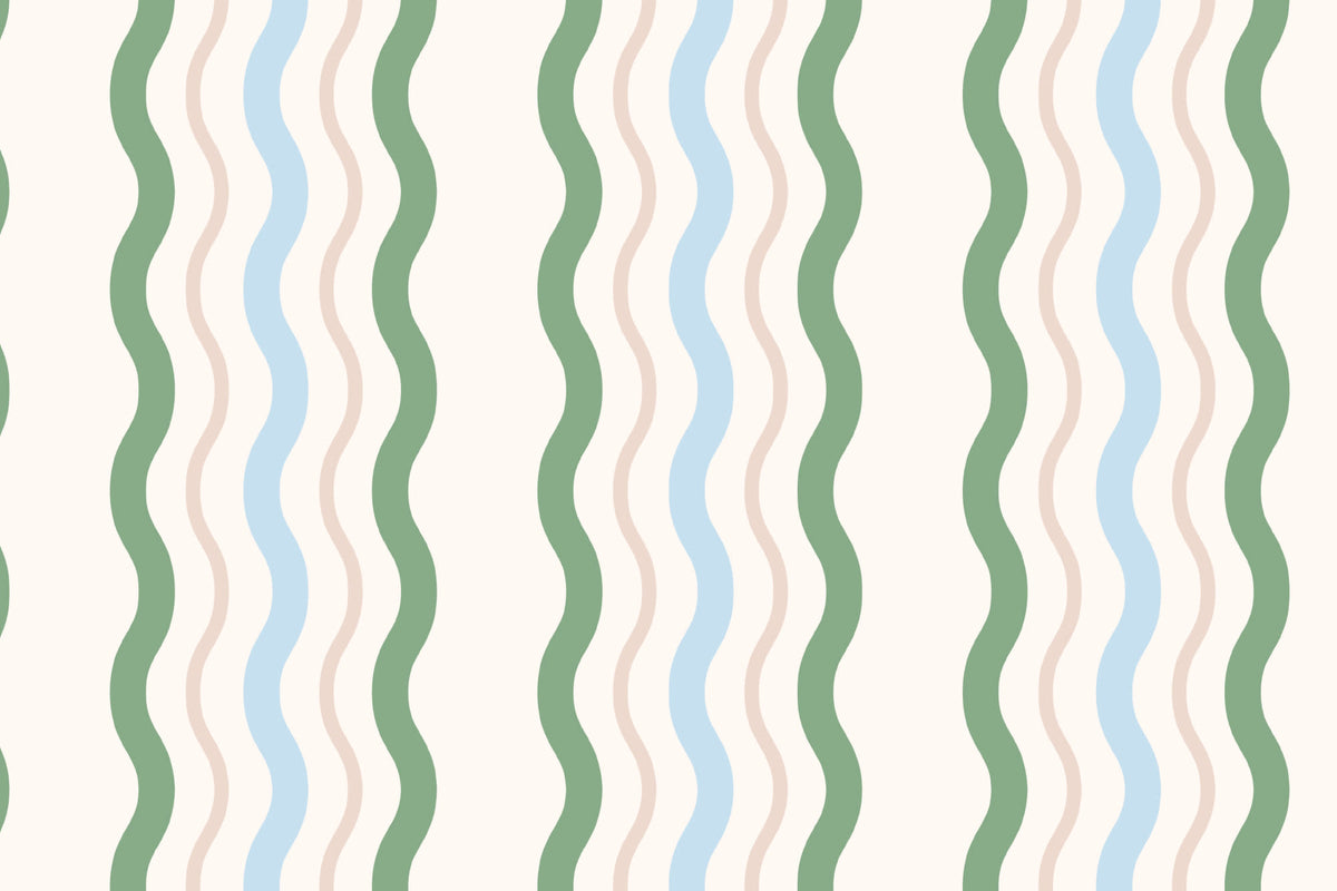 Flat pattern view of The Ripple Trim wallpaper in sage and sky, showing the rippling stripes