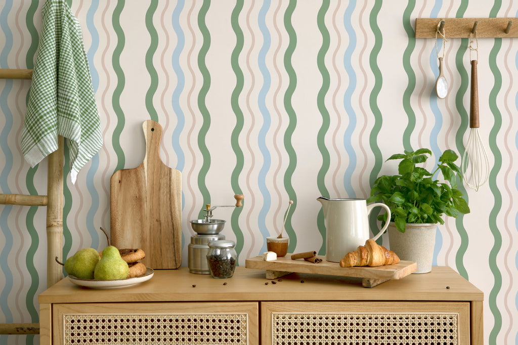 The Ripple Trim wallpaper in sage and sky in a kitchen