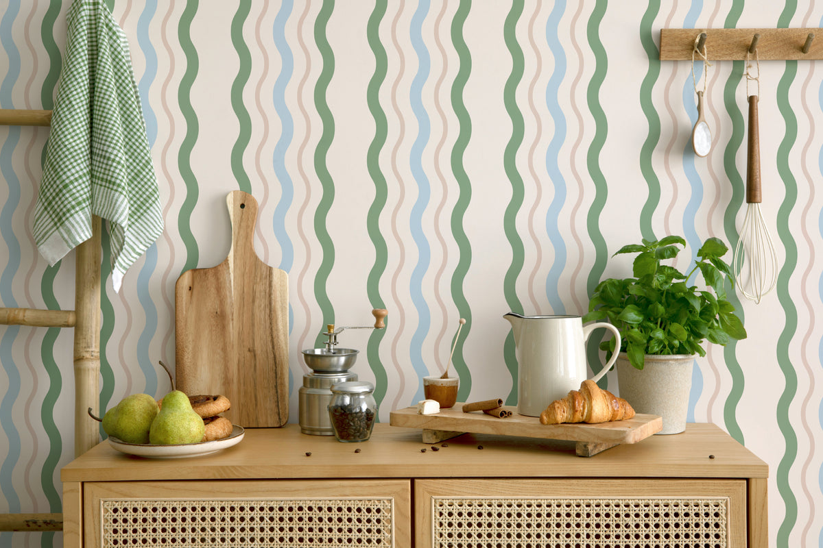 The Ripple Trim wallpaper in sage and sky in a kitchen