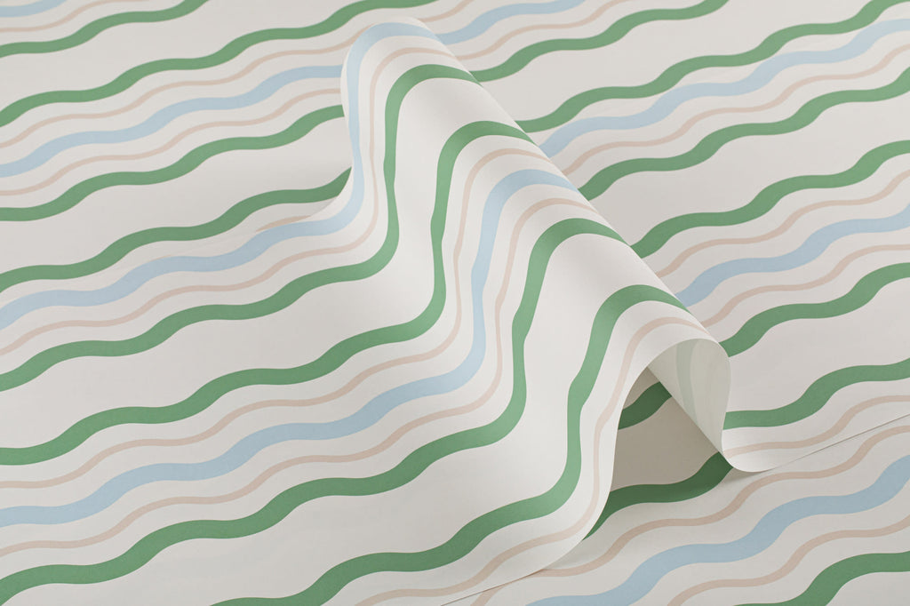 Roll of The Ripple Trim wallpaper in sage and sky